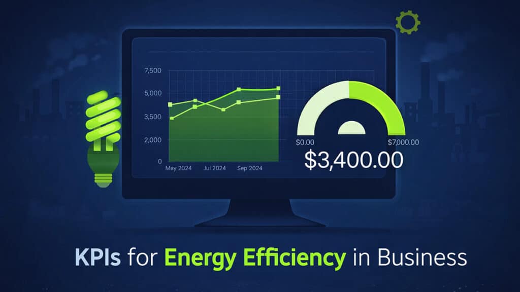 Digital dashboard displaying energy efficiency KPIs including usage trends, cost per unit, and performance indicators for business energy management
