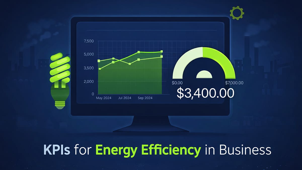 Digital dashboard displaying energy efficiency KPIs including usage trends, cost per unit, and performance indicators for business energy management