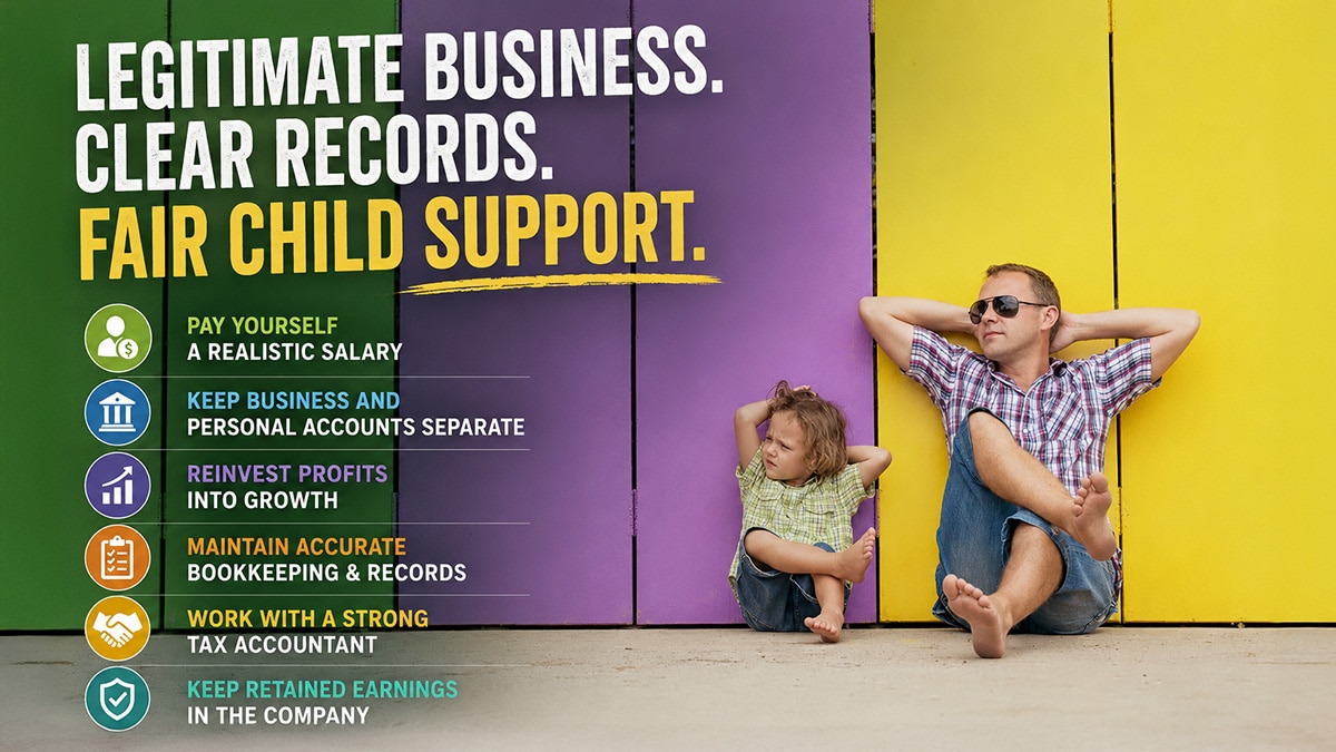 Father and child sitting against a colorful wall beside business and bookkeeping tips about reducing child support exposure through legitimate financial management.