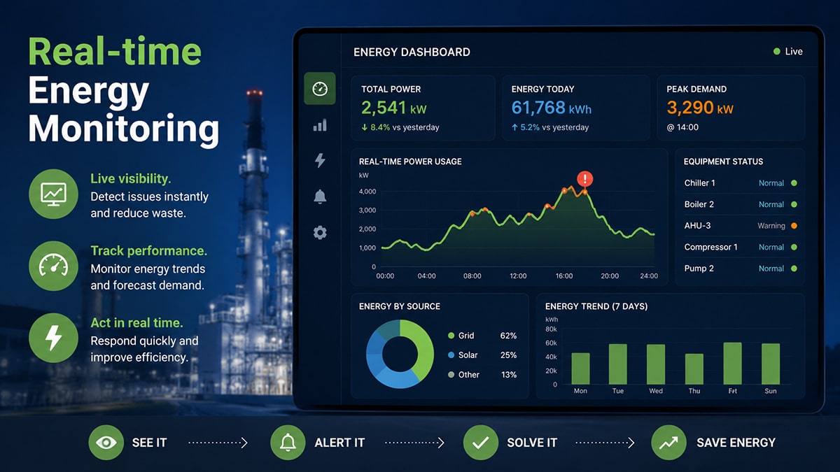 Smart energy monitoring dashboard showing real-time electricity use, peak demand tracking, equipment alerts, and energy performance trends in an industrial facility.