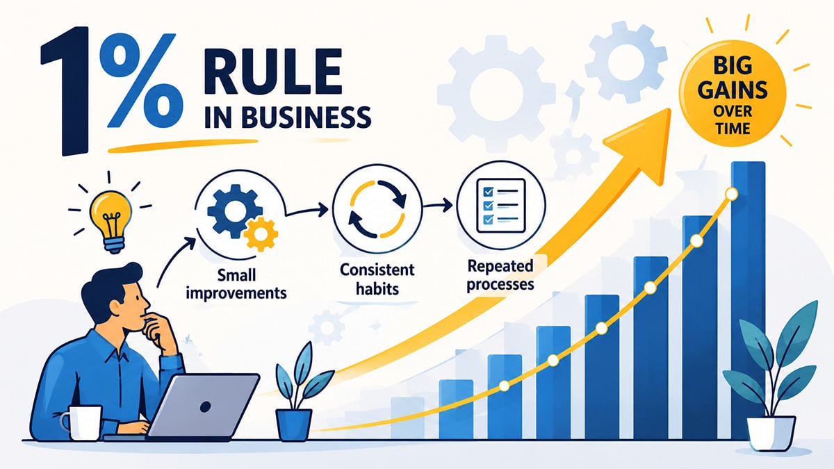 Vector infographic showing how small daily business improvements compound into long-term growth through systems, habits, and operational efficiency.