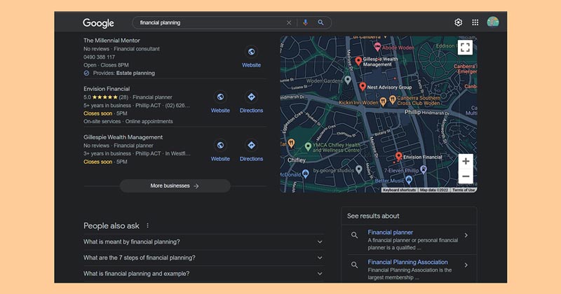 Google search for financial planning