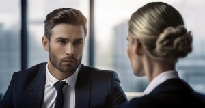 Meeting between male and female professionals