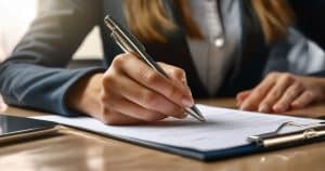 Woman going through office document with pen