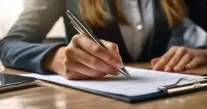Woman going through office document with pen